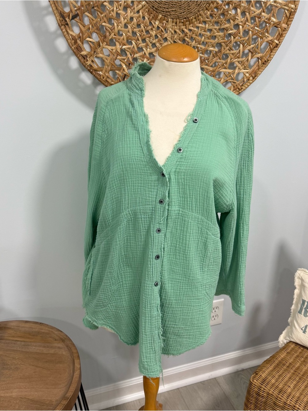 Light Green Button-Front Gauze Shirt